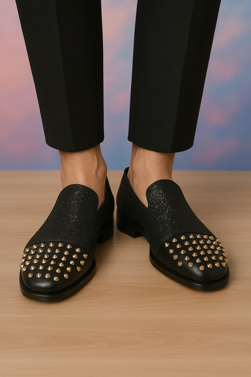 Black Glitter Loafers with Spike Studded Toe