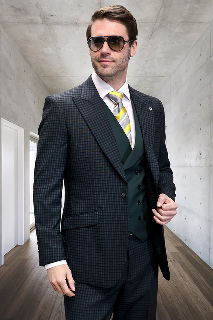 Mens Hunter Green Suit - Mens Designer One Button Peak Lapel Vested Wool Suit in Hunter Green Mico Plaid