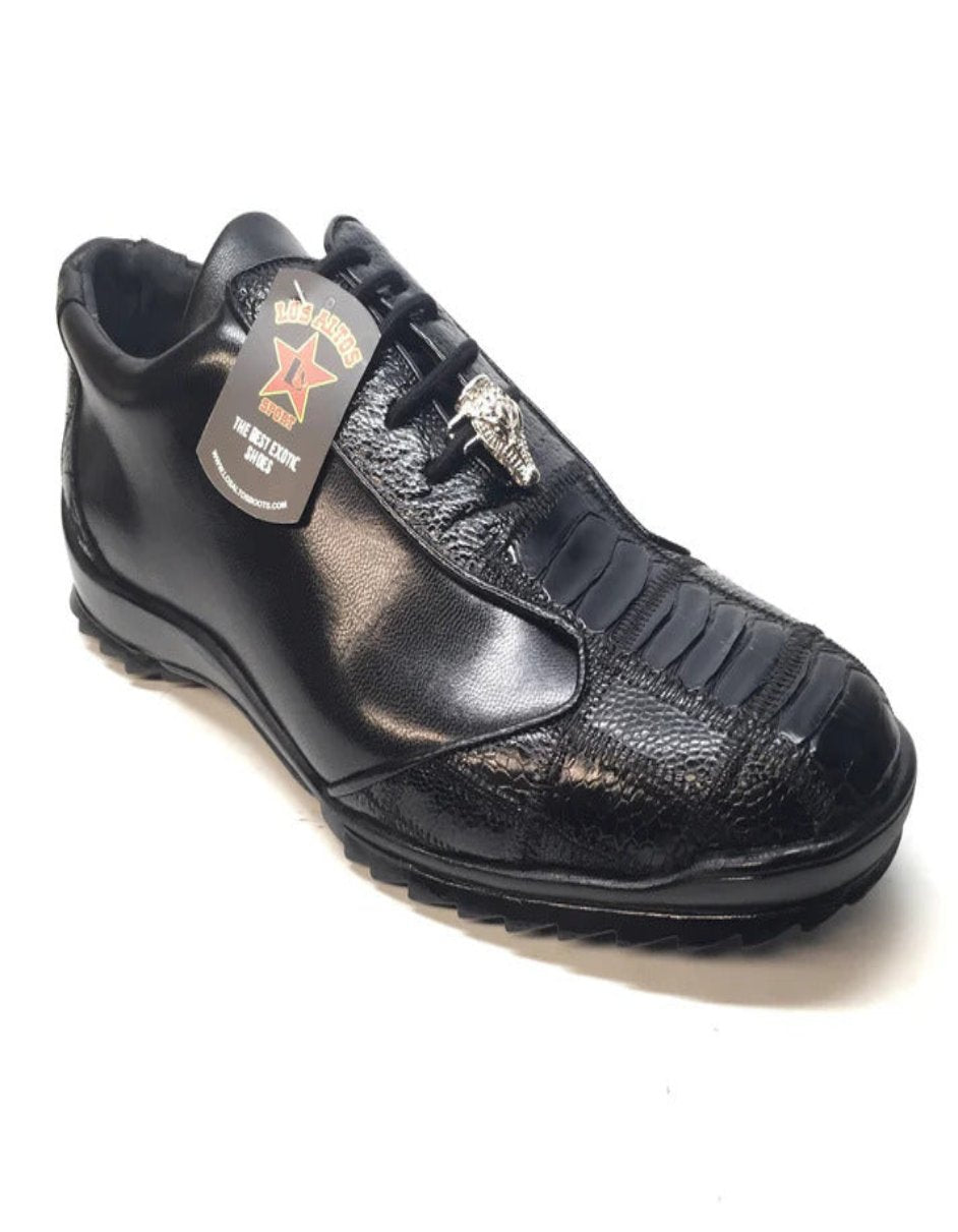 Black Ostrich Leg Lace Up Sneakers by Los Altos