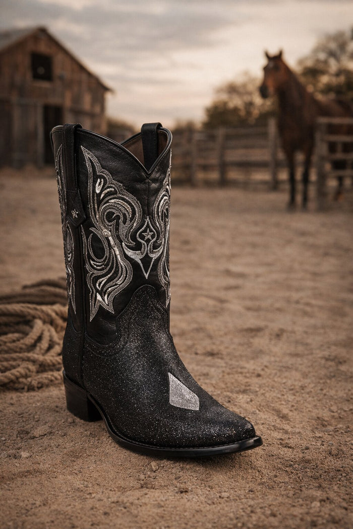 Los Altos Boots Black Genuine Stingray Mantarraya Skin Single Stone Western Cowboy Botas De Mantarraya - Mantarraya Boots (EE)