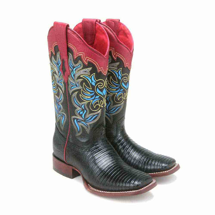 Black Teju Lizard Square Toe Western Boot for Women