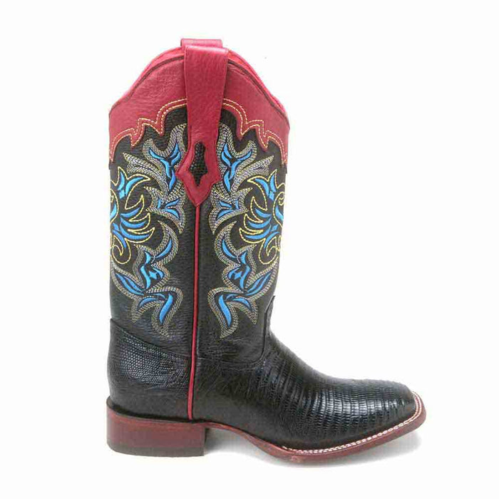 Black Teju Lizard Square Toe Western Boot for Women
