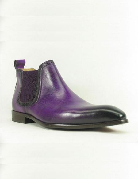 Men's Purple ~ Black Carrucci Burnished Calfskin Slip-On Low-Top Chelsea Cheap Priced Men's Dress Boot With jeans or Suit Best Fashion Dressy Leather Boot!