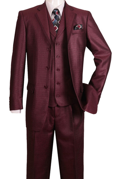 3 Button Burgundy Suit with Vest & Lapel Trim