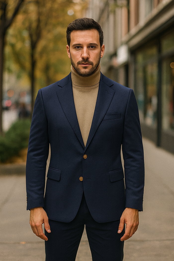 Navy Cashmere Two Button Jacket with Notch Lapel