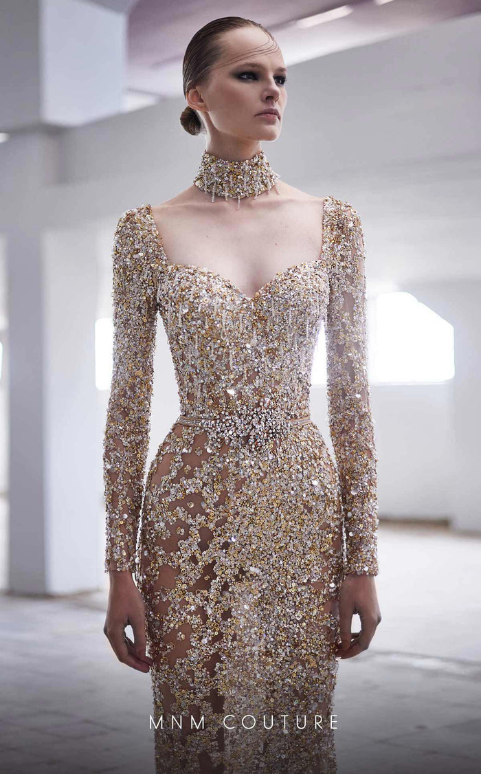MNM Couture M1017 Embroidered Gold Tulle Evening Gown