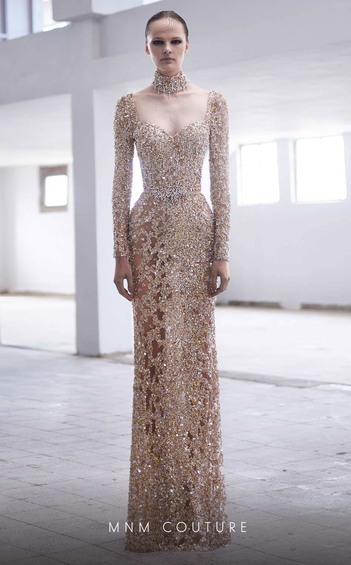 MNM Couture M1017 Embroidered Gold Tulle Evening Gown