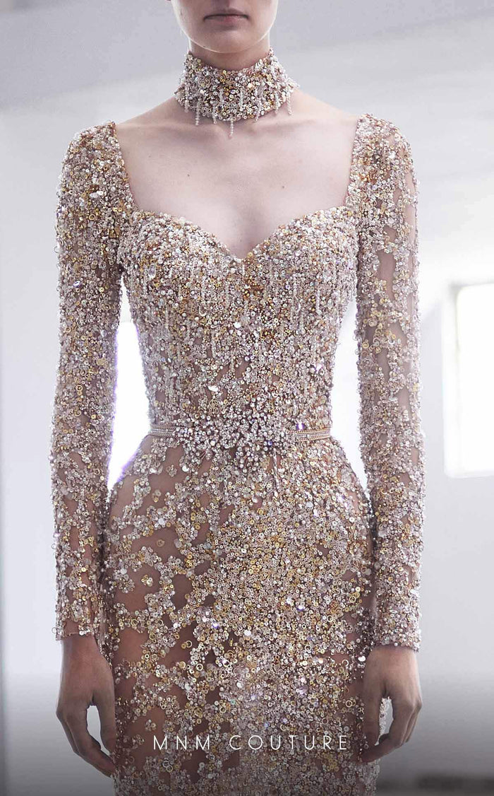 MNM Couture M1017 Embroidered Gold Tulle Evening Gown
