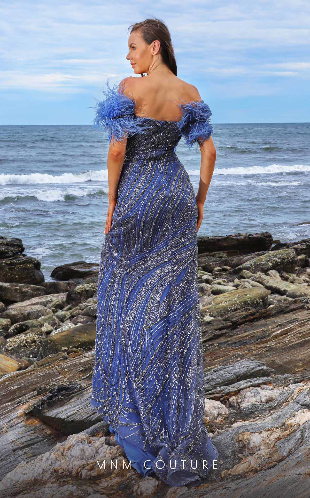MNM Couture M1052 Off-Shoulder Feathery Mesh Embroidered Gown in Grey