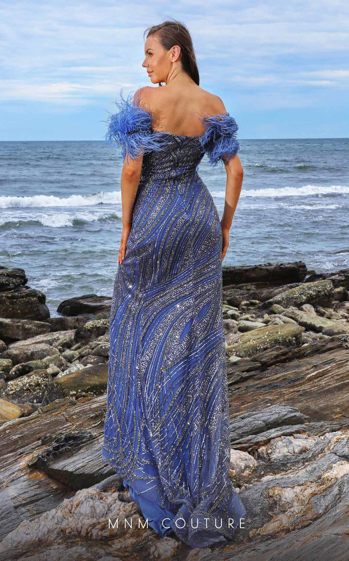 MNM Couture M1052 Off-Shoulder Feathery Mesh Embroidered Gown in Grey