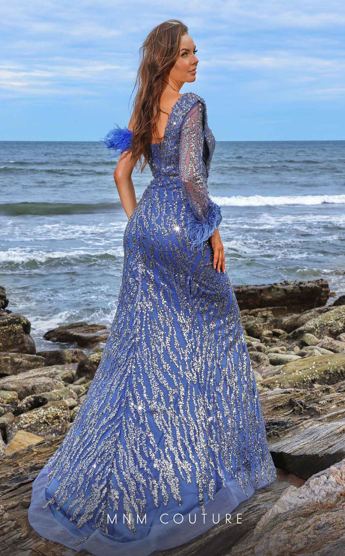 MNM Couture M1057 Blue Asymmetric Embroidered Mesh Feather Gown