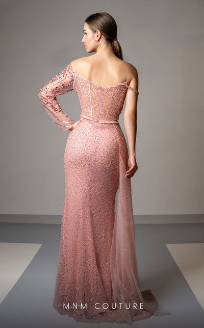 MNM Couture M1165 Pink Embroidered Mesh Gown – One-Sleeve Beauty