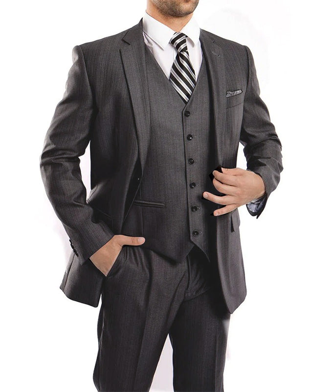 Steel Modern Fit 3 Piece Suit with V-Neck Vest