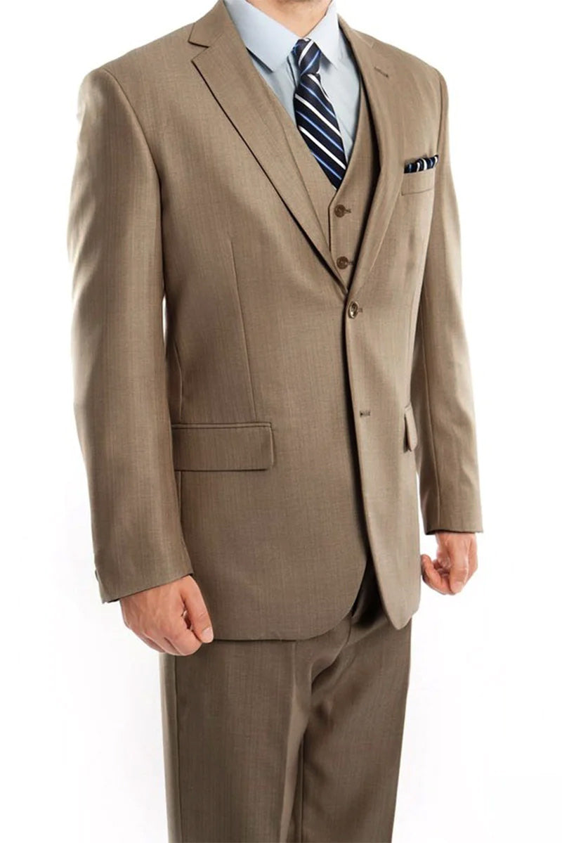 Dark Tan 3 Piece Modern Fit Suit with V-Neck Vest