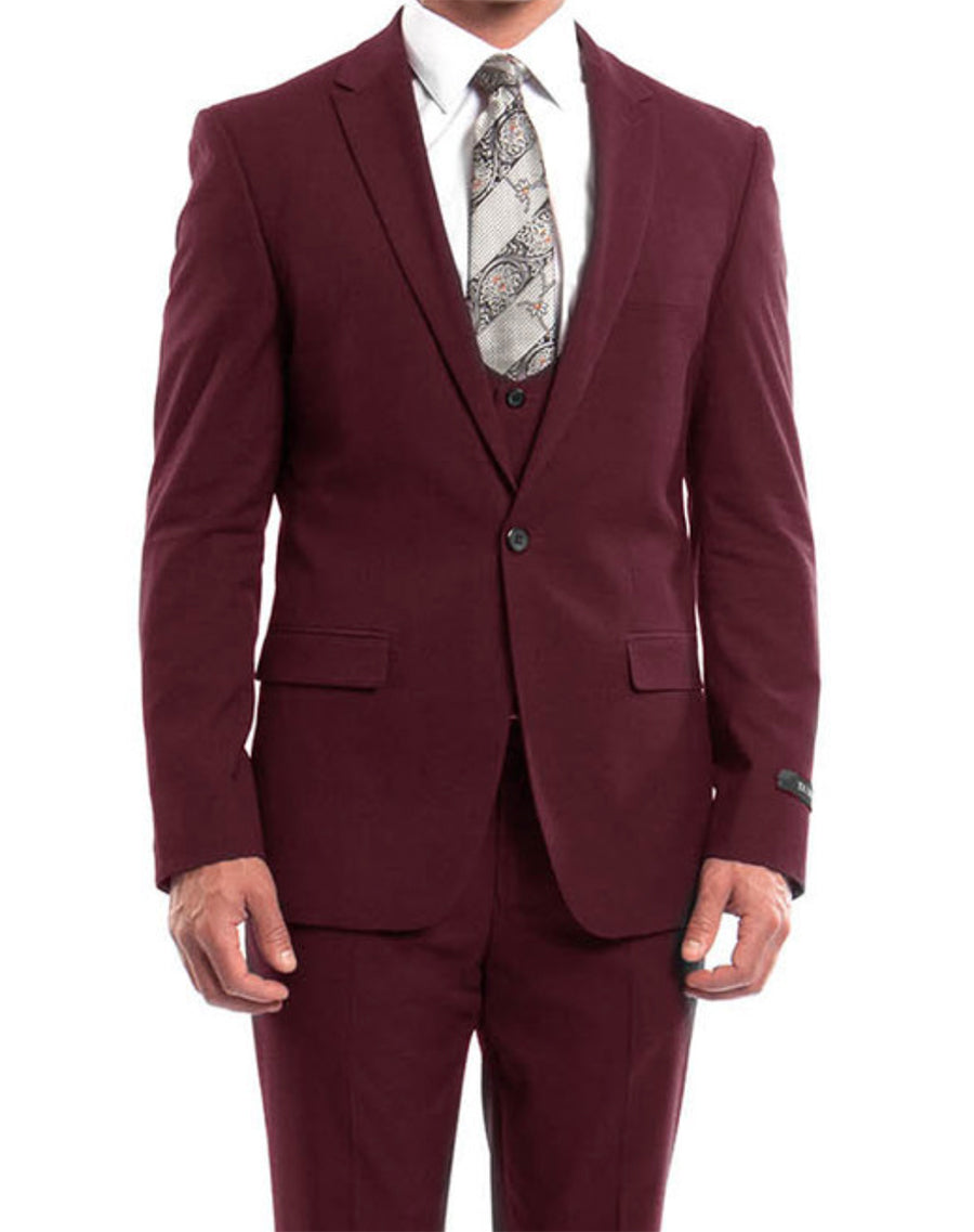 Burgundy 3 Piece Slim Fit Suit With Peak Lapel