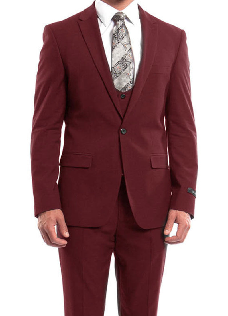 Cherry Red Slim 3 Piece Suit 1 Button Peak Lapel
