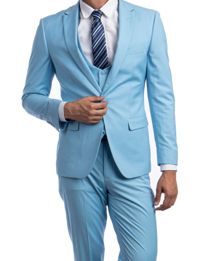 Sky Blue 3 Piece Slim Fit Suit, 1 Button Peak Lapel