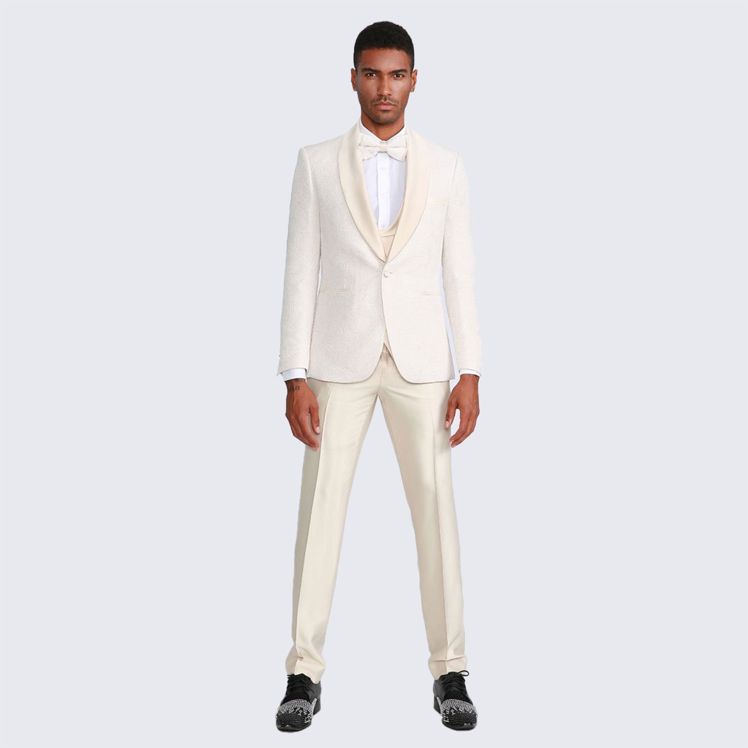 Ivory Shawl Tuxedo with Fancy Pattern Four Piece Set - Wedding - Prom