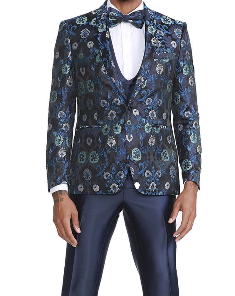 Navy Slim Fit Floral 4-Piece Tuxedo with Bow Tie