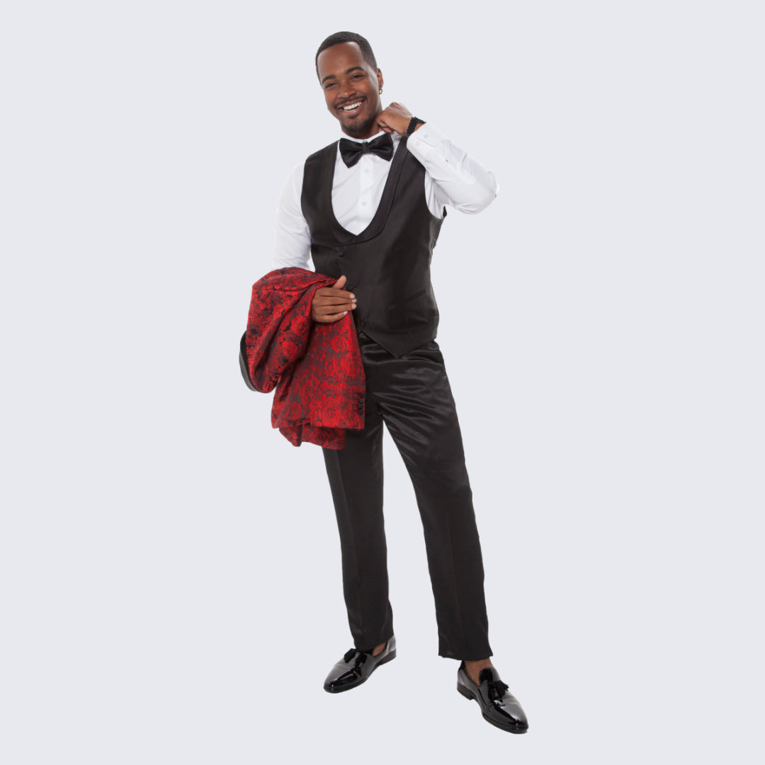 Red Floral Tuxedo with Shawl Lapel – 4 Piece Slim Fit Set