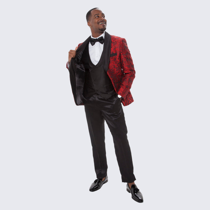 Red Floral Tuxedo with Shawl Lapel – 4 Piece Slim Fit Set