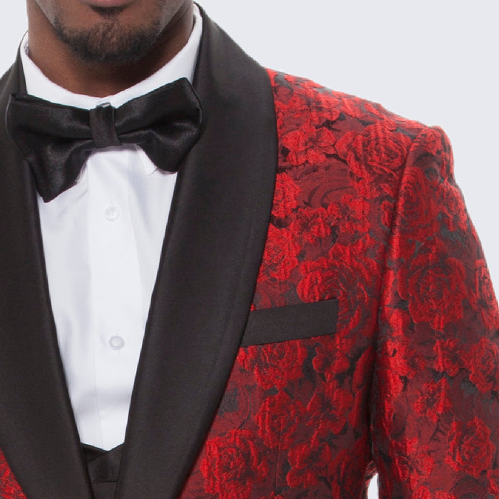 Red Floral Tuxedo with Shawl Lapel – 4 Piece Slim Fit Set