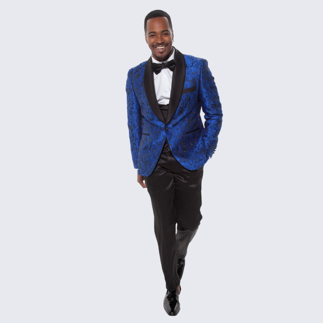 Royal Blue Floral Tuxedo with Shawl Lapel – 4 Piece Slim Fit Set