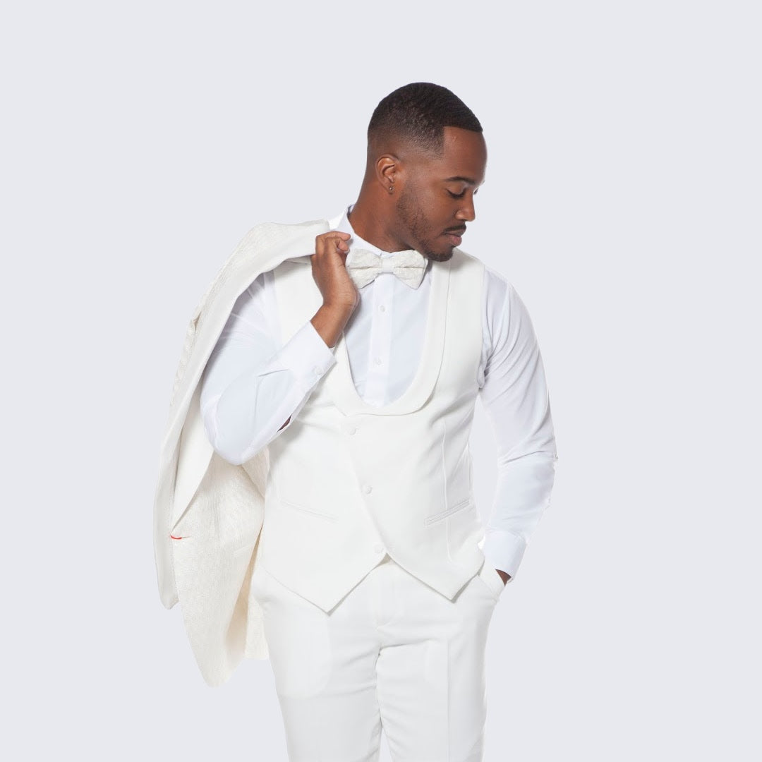 Ivory Textured Jacquard Tuxedo 4-Piece Set with Shawl Lapel – Wedding & Prom