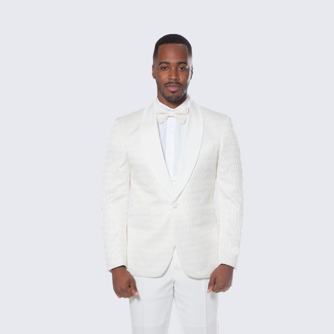 Ivory Textured Jacquard Tuxedo 4-Piece Set with Shawl Lapel – Wedding & Prom
