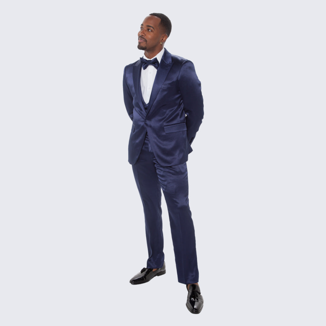 Blue Satin Tuxedo Set – 4-Piece Look for Wedding or Prom Nights