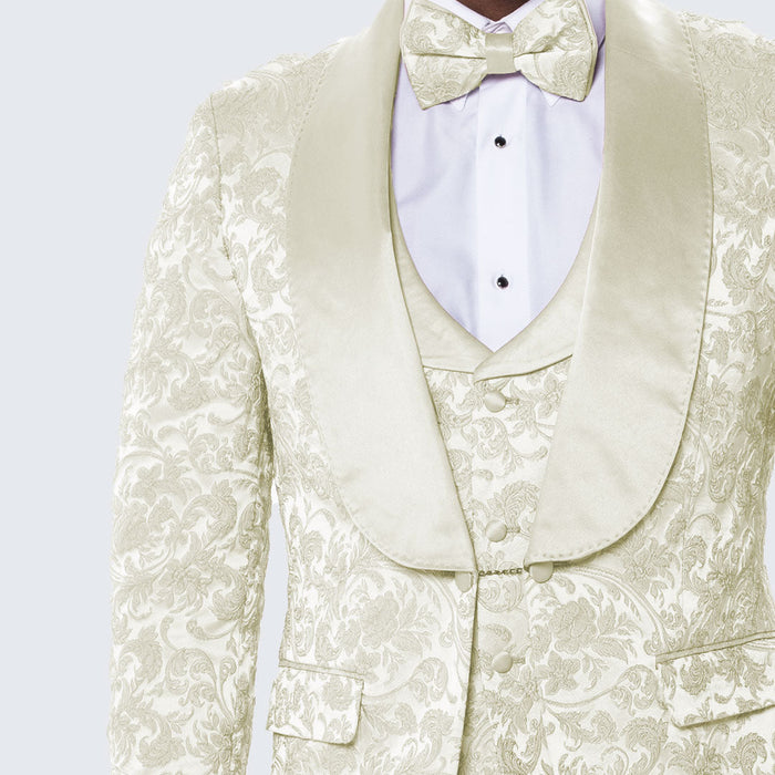Ivory Floral Tuxedo Set with Wide Shawl Lapel – Wedding & Prom