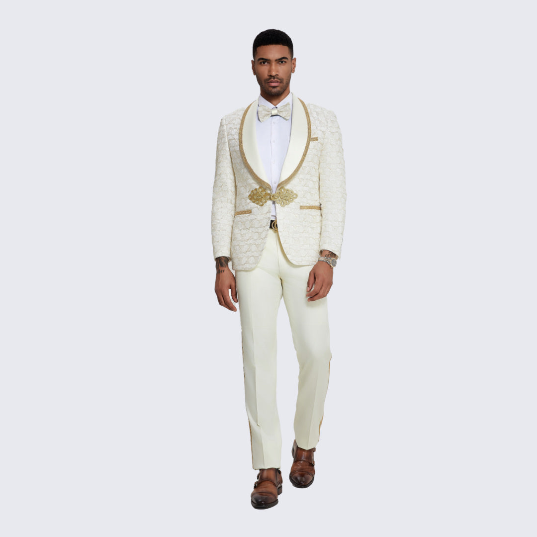 Ivory & Gold Paisley Tuxedo with Ornate Clasp – Wedding & Prom
