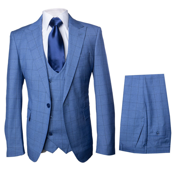 Rossi Man Slim Fit Blue Plaid 3 Piece Suit