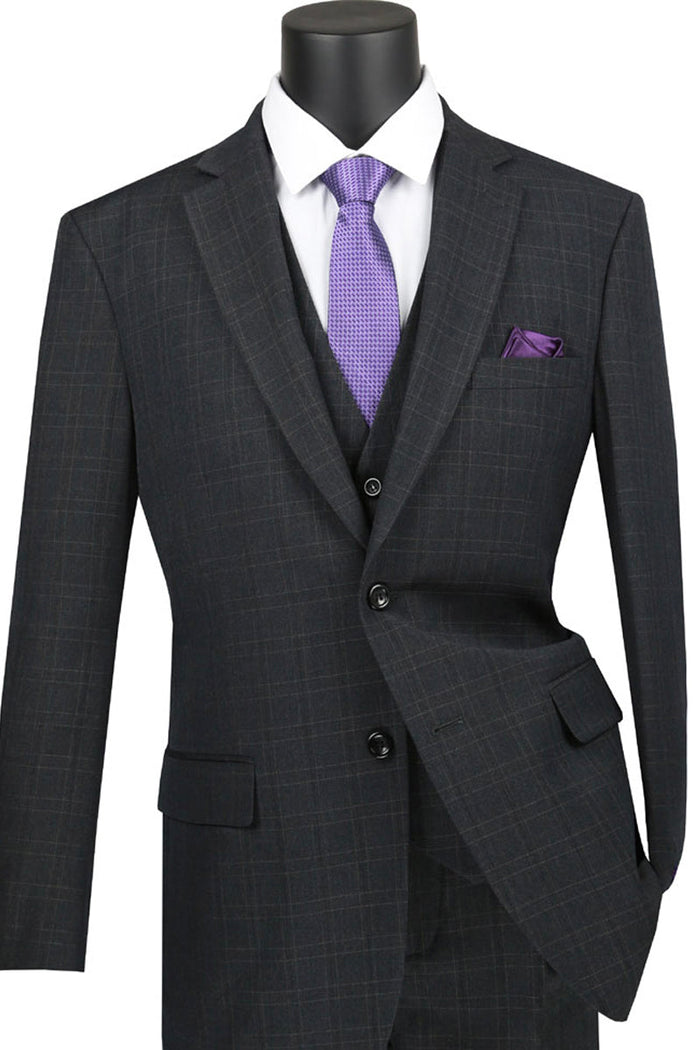 Classic Fit Banker Plaid Vested Suit Black