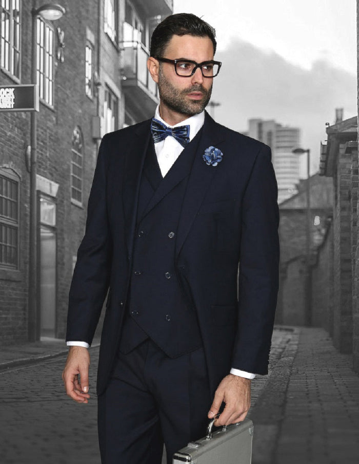 Classic Fit Navy Suit with Pleated Pants & Vest