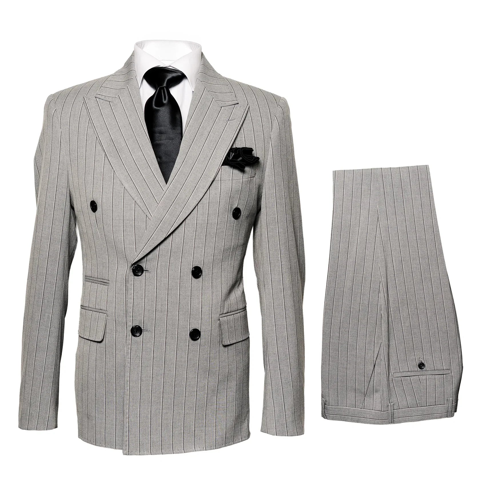 Gray and Black Pinstripe Modern Double Breasted Suit