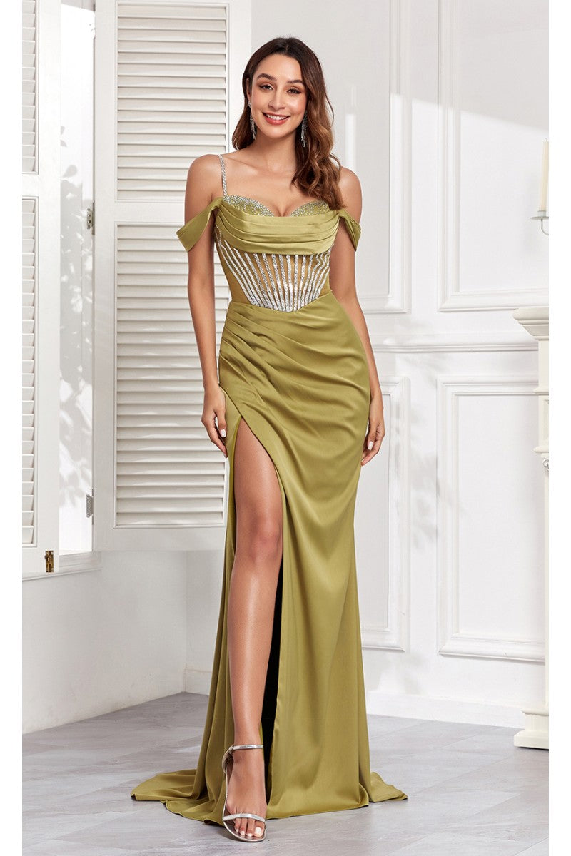 High Couture MJ1001 Beaded Slit Long Formal Corset Prom Dress