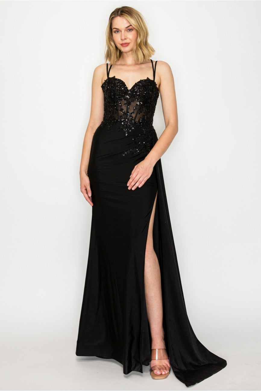 High Couture MJ1014 Prom Long Corset Slit Fitted Formal Dress