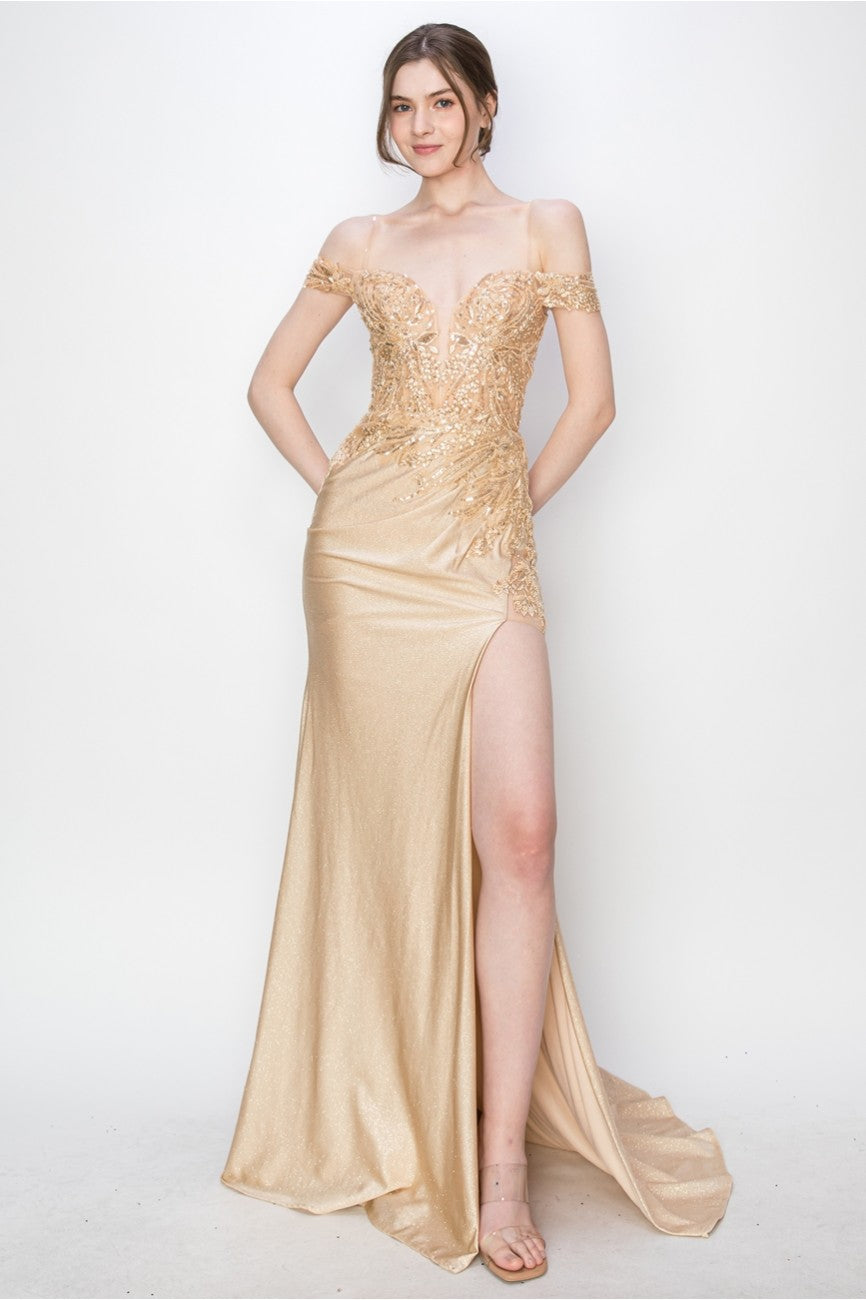 High Couture MJ1018 Prom Long Formal Glitter Applique Dress