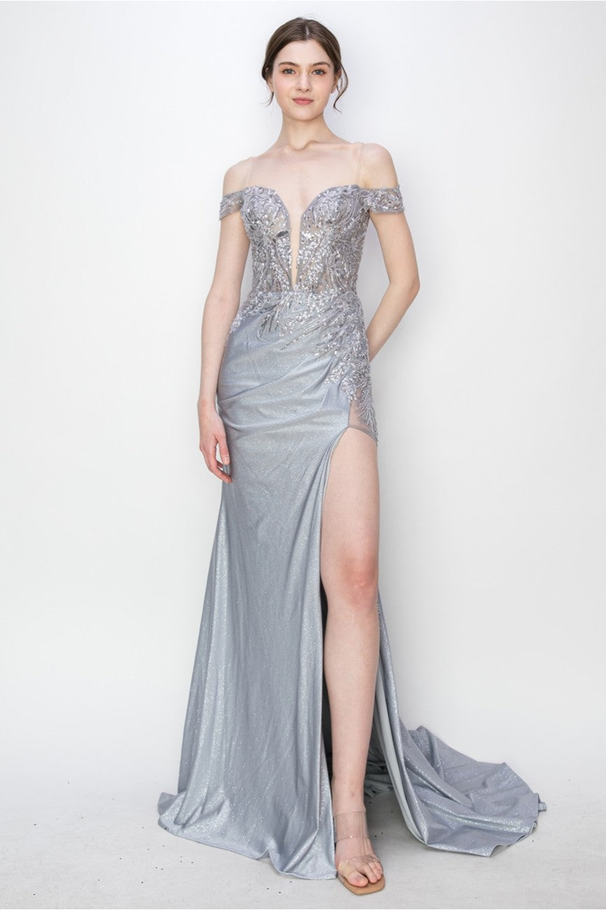 High Couture MJ1018 Prom Long Formal Glitter Applique Dress