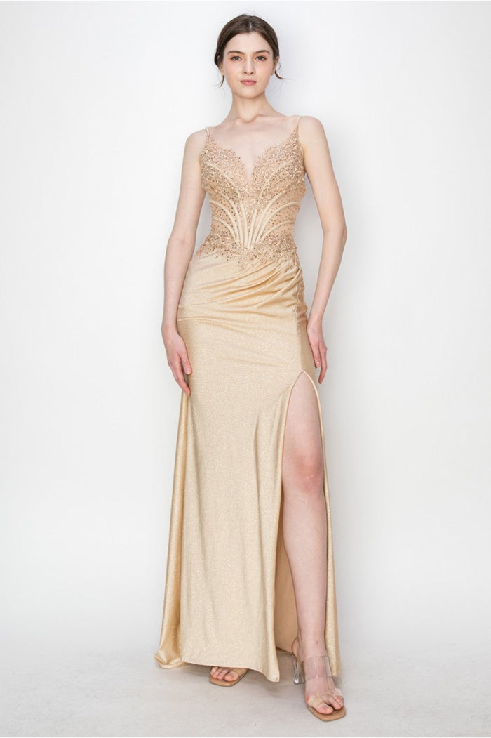 High Couture MJ1019 Long Formal Fitted Corset Slit Evening Prom Gown