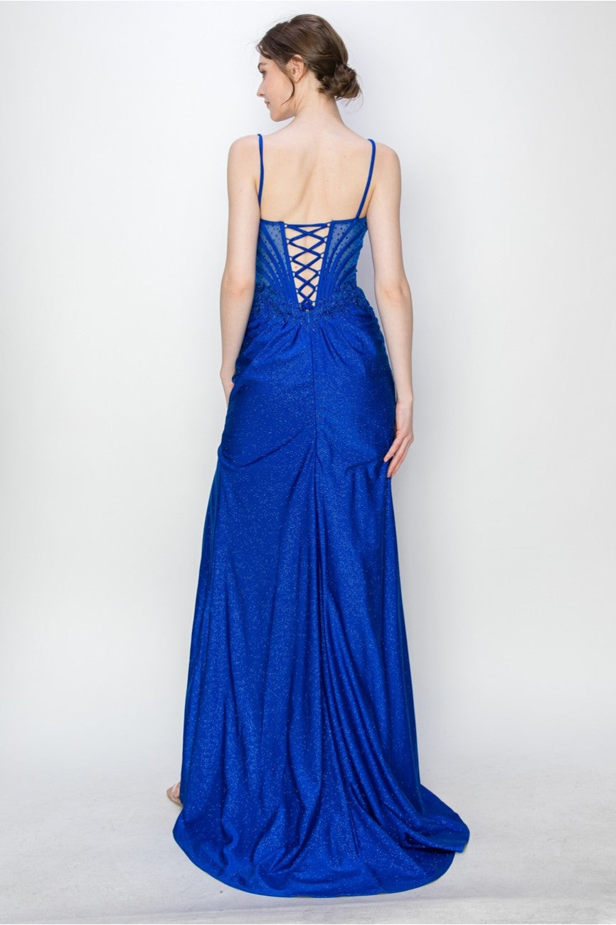 High Couture MJ1019 Long Formal Fitted Corset Slit Evening Prom Gown