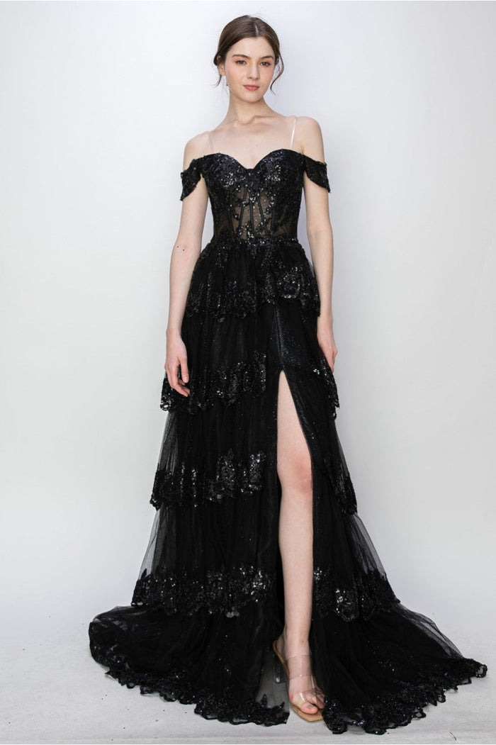 High Couture MJ1020 Long Ball Gown Formal Tiered Prom Dress