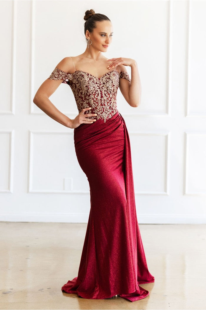 High Couture MJ1021 Glitter Long Formal Lace Applique Prom Dress