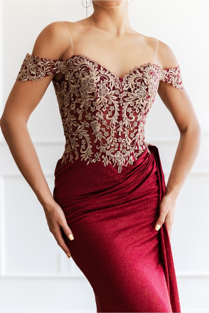 High Couture MJ1021 Glitter Long Formal Lace Applique Prom Dress