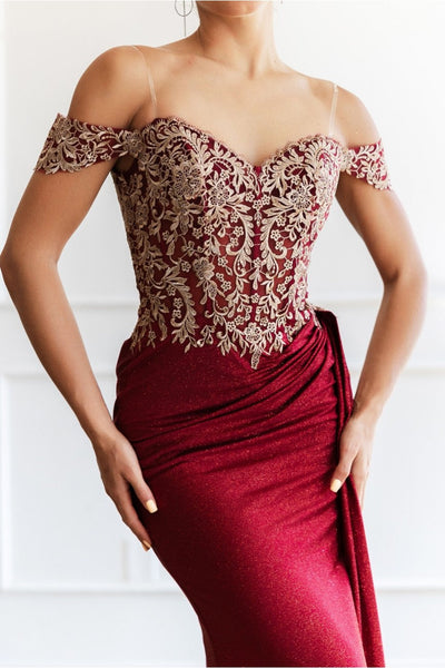 High Couture MJ1021 Glitter Long Formal Lace Applique Prom Dress