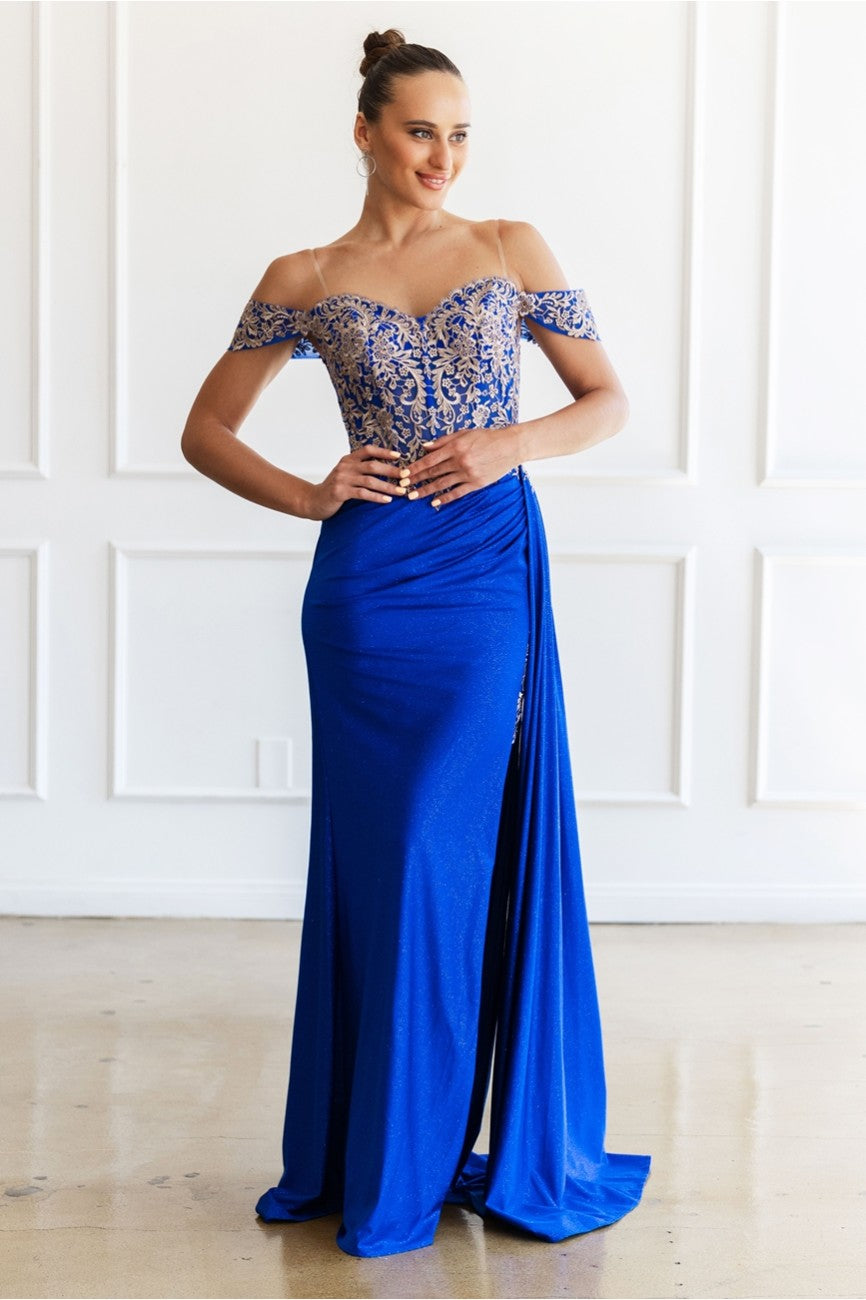 High Couture MJ1021 Glitter Long Formal Lace Applique Prom Dress