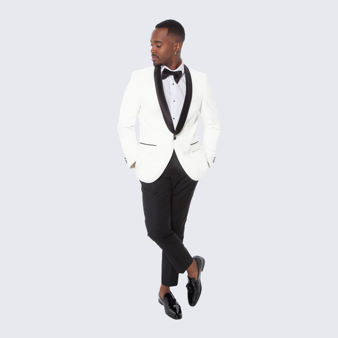 White Tuxedo Jacket with Black Satin Shawl Lapel – Slim Fit