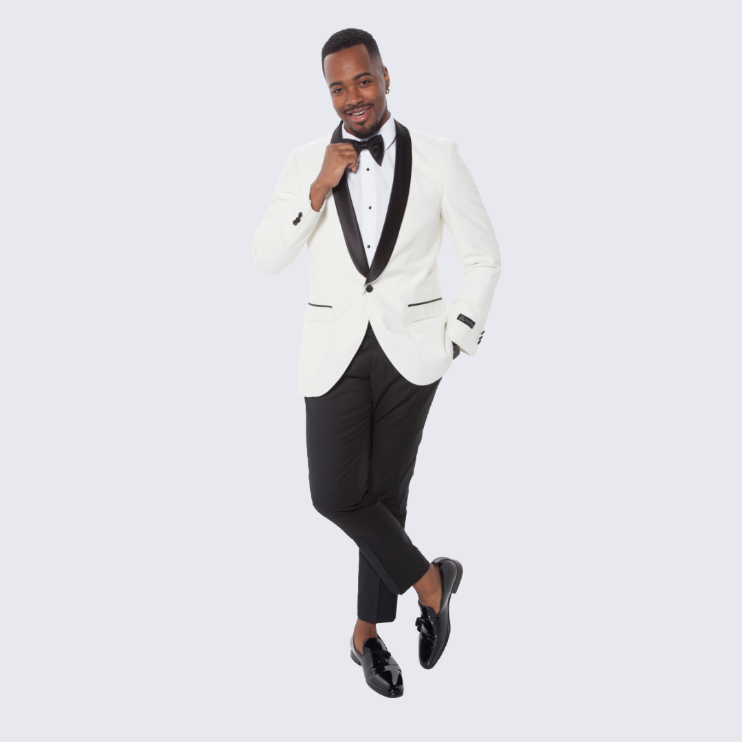 Ivory Tuxedo Jacket with Black Satin Shawl Lapel – Slim Fit