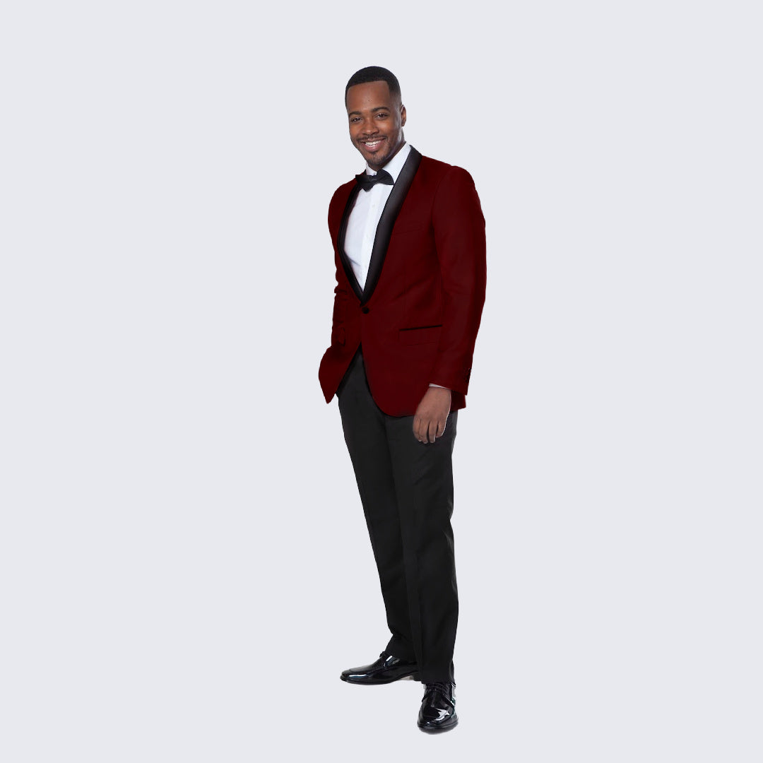 Burgundy Tuxedo Jacket, Black Satin Shawl Lapel – Slim Fit